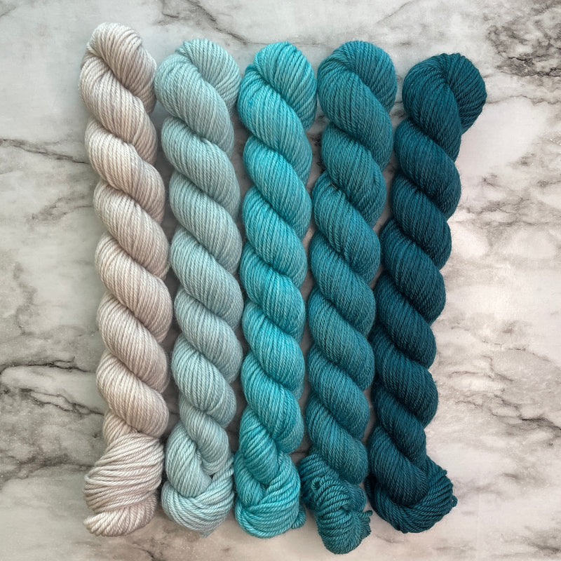 Teal Me About It (cool) 5 Gradient Minis, (Five 20 gram skeins) Aussie Extra Fine Sock with Nylon