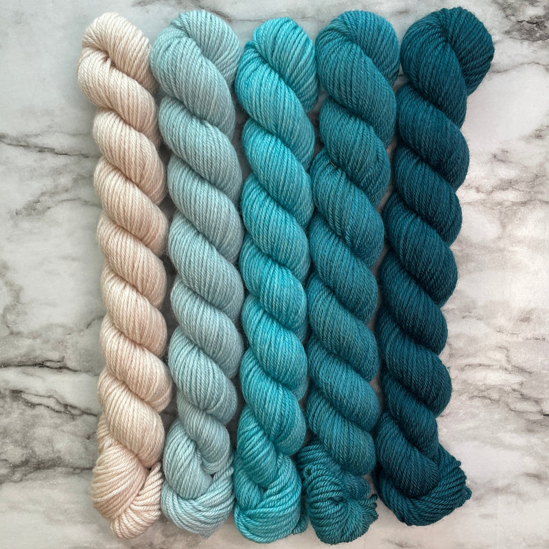 Teal Me About It (Warm) 5 Gradient Minis, (Five 20 gram skeins) Aussie Extra Fine Sock with Nylon