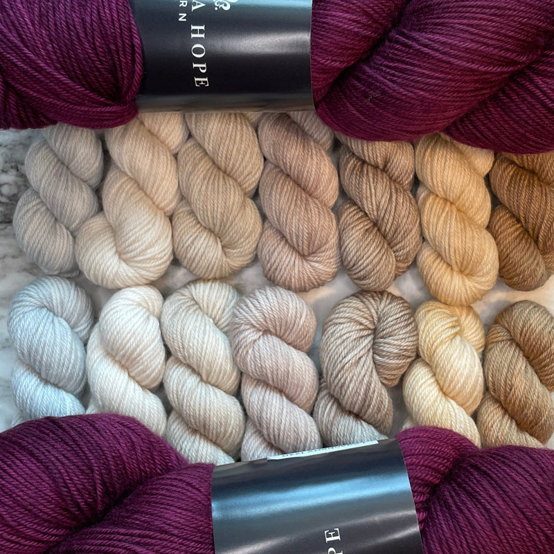 🍁Secret Forest MKAL🍁 - Nature's Neutrals Mini Set 🍁 2 Full Skeins of Loganberry + 7 Neutral minis (14 minis, 2 of each color) both in Aussie Extra Fine Sock with Nylon  🍁 + 1 Fall Themed Stitch Marker ⚜️Pattern NOT included ⚜️