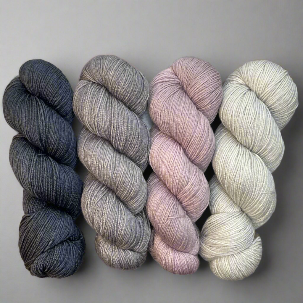 Only Yarn In the Building MKAL by Lyrical Knits "Women who knock rarely make history" (After Midnight, Steel, Musk Mallow, Barely Gray) on Aussie Extra Fine Fingering + 1 Killer Stitch Marker!*Pattern NOT Included*
