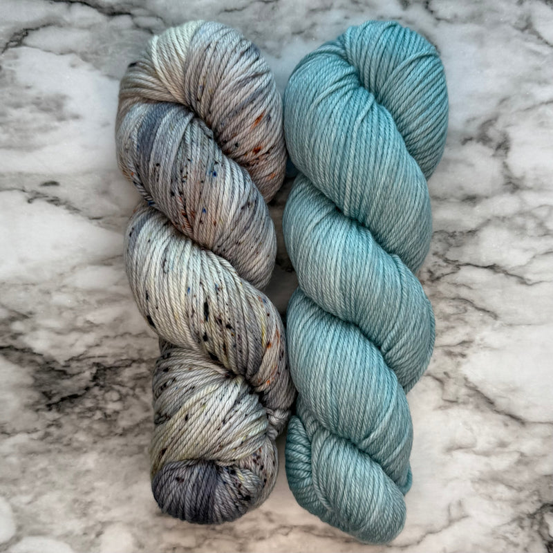 London Fog & Gossamer Teal Duo on Aussie Extra Fine DK with Nylon