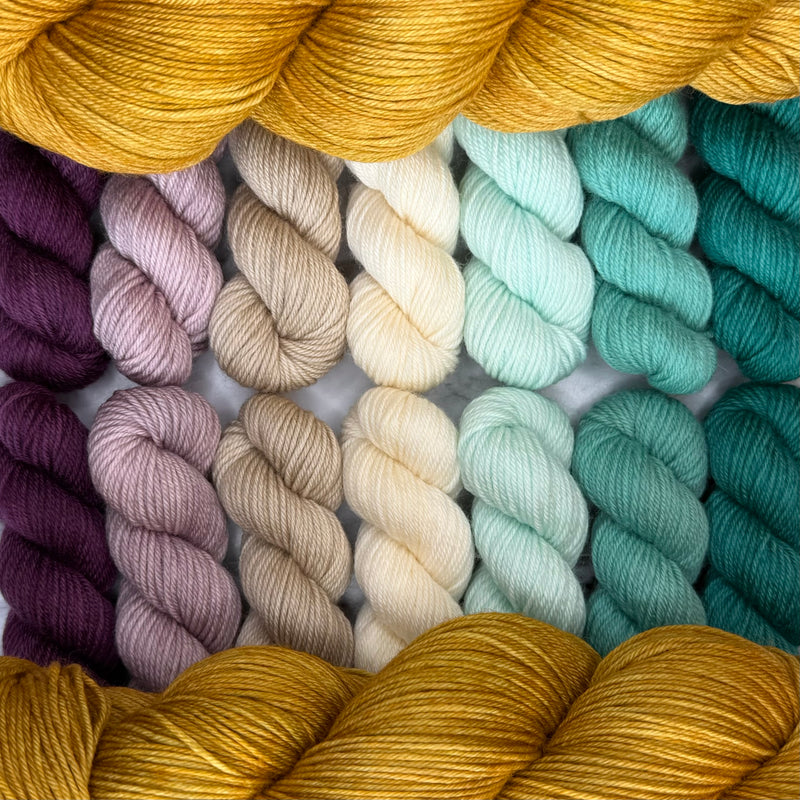 Cosmic Connections MKAL (by Paper Daisy Creations) ✨Aurora ✨ 2 Full Skeins + 7 Contrasting Colors (14 minis) in Aussie Extra Fine Sock with Nylon + 1 Celestial Themed Stitch Marker ⚜️Pattern NOT included ⚜️