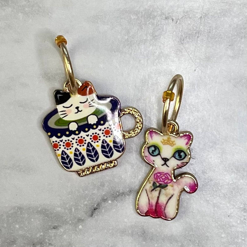 (Copy) Pair of Cats, One in a Cup, One White,  Enamel Stitch Markers