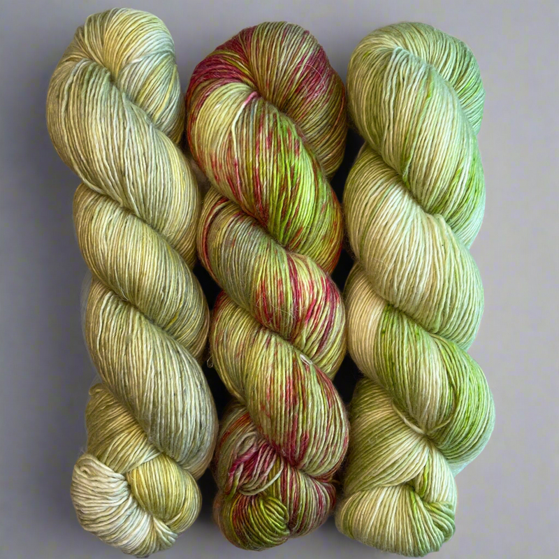 Raspberry Lime Ricky OOAK Trio of Merino Linen Fingering & 1 Cocktail Progress Keeper