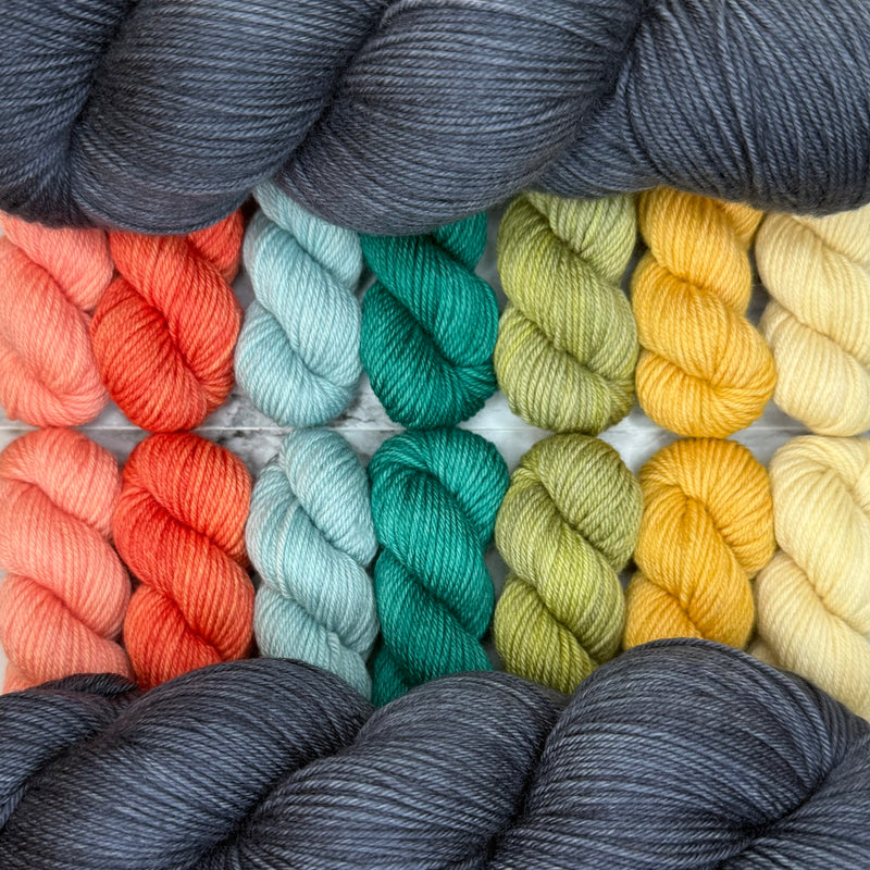 Cosmic Connections MKAL (by Paper Daisy Creations) ✨ Supernova ✨ 2 Full Skeins + 7 Contrasting Colors (14 minis) in Aussie Extra Fine Sock with Nylon + 1 Celestial Themed Stitch Marker ⚜️Pattern NOT included ⚜️