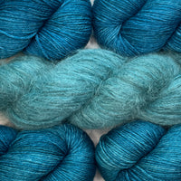 Milton Cardigan Yarn Bundle, Aegean in Aussie Extra Fine Sport (MC) and Mohair Silk (CC), FREE US SHIPPING!