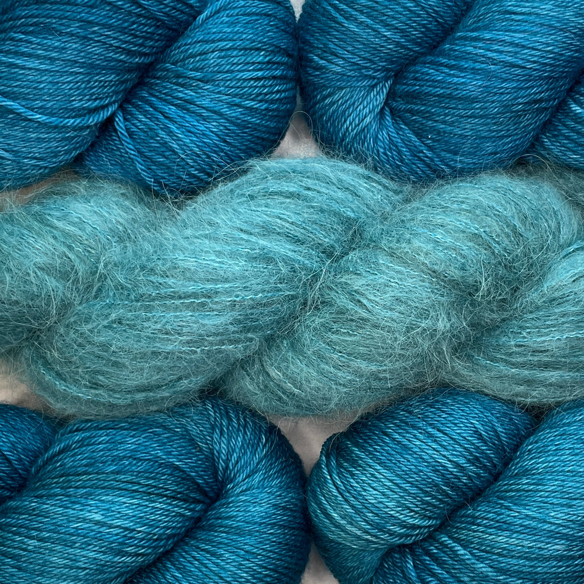Milton Cardigan Yarn Bundle, Aegean in Aussie Extra Fine Sport (MC) and Mohair Silk (CC), FREE US SHIPPING!