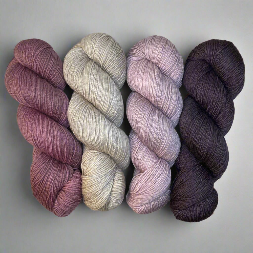 Only Yarn In the Building MKAL by Lyrical Knits "I’d rather be dead than boring" (Cashmere Pearl, Musk Mallow, Plum Mauve, Aubergine)on Aussie Extra Fine Fingering + 1 Killer Stitch Marker!*Pattern NOT Included*