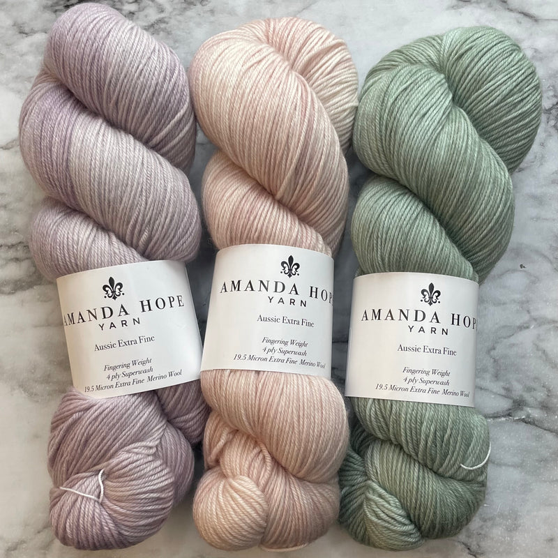 Trio in Aussie Extra Fine Fingering, Mauve Ice, Pink Pearl, Herbes de Provence