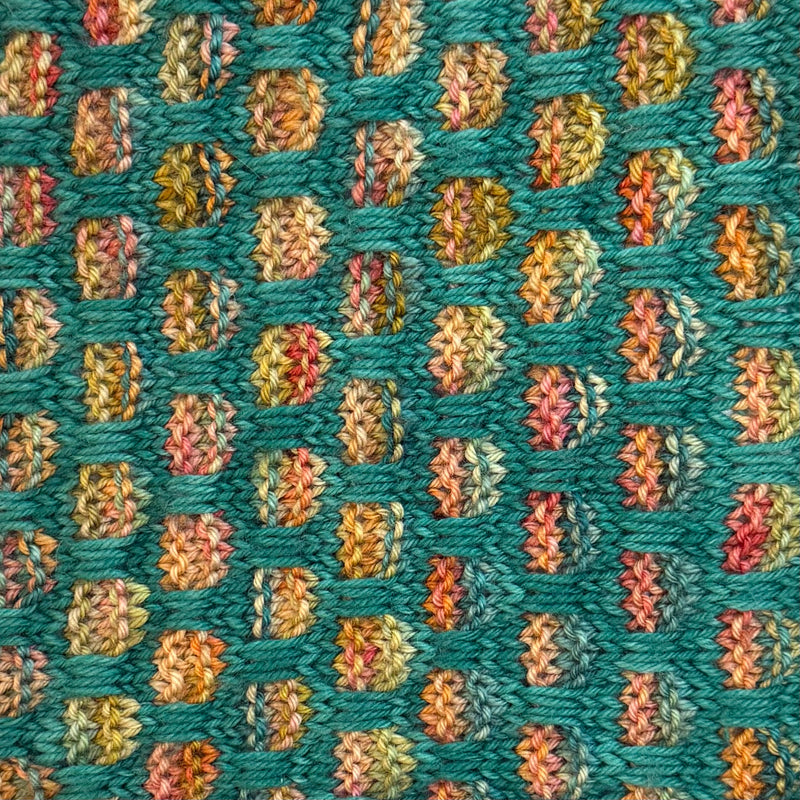 Rook Scarf by Lotta H Löthgren Moulin Rouge & Deep Teal on Aussie Extra Fine Sock with Nylon