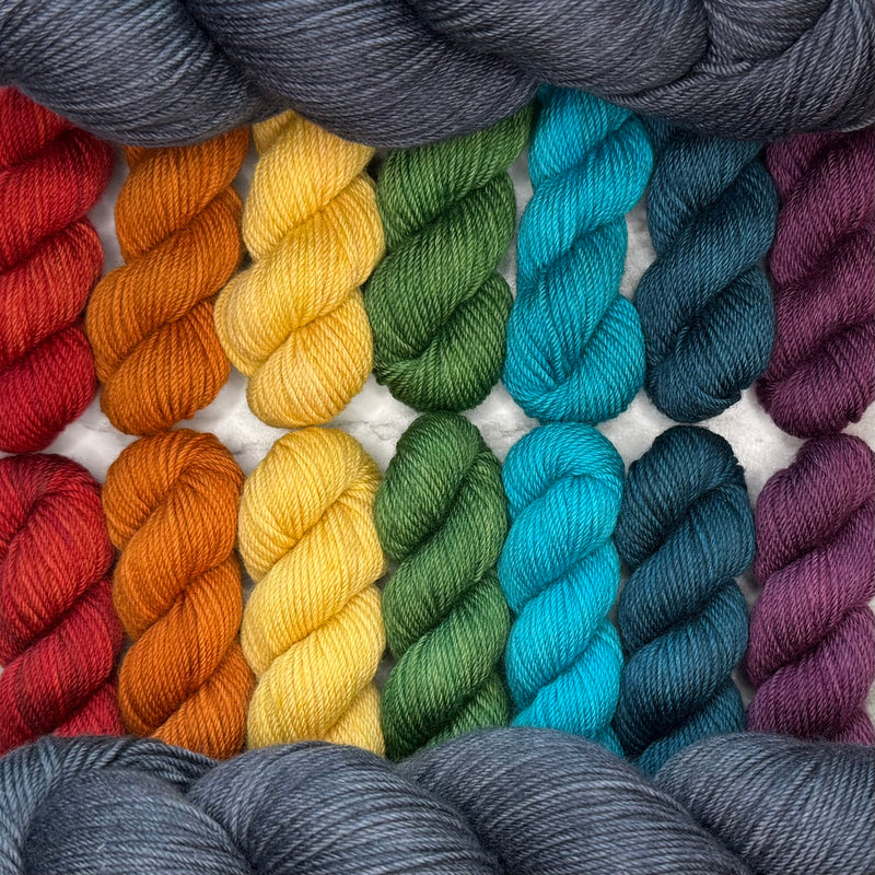 Cosmic Connections MKAL (by Paper Daisy Creations) ✨ Arcenciel ✨ 2 Full Skeins + 7 Contrasting Colors (14 minis) in Aussie Extra Fine Sock with Nylon + 1 Celestial Themed Stitch Marker ⚜️Pattern NOT included ⚜️