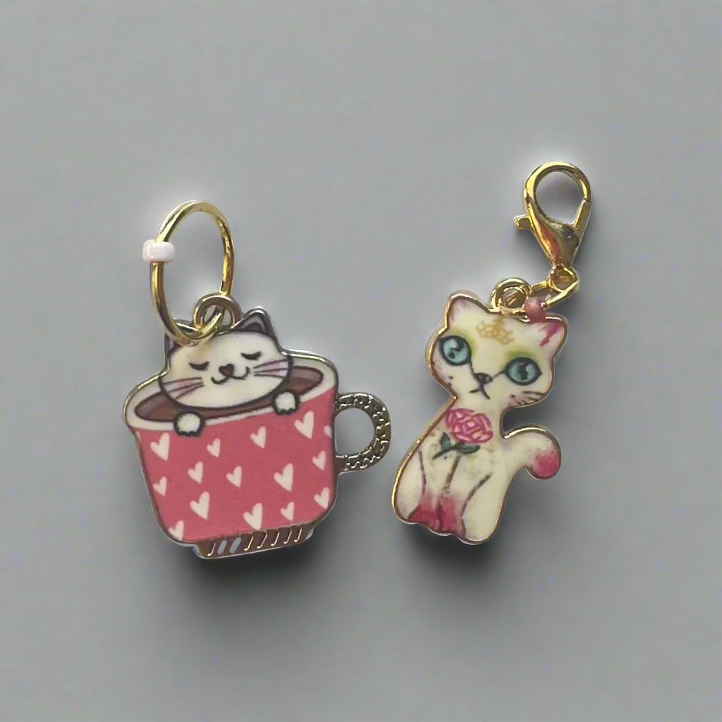 Valentine Cat Pair Enamel Charm Stitch Marker and Progress Keeper