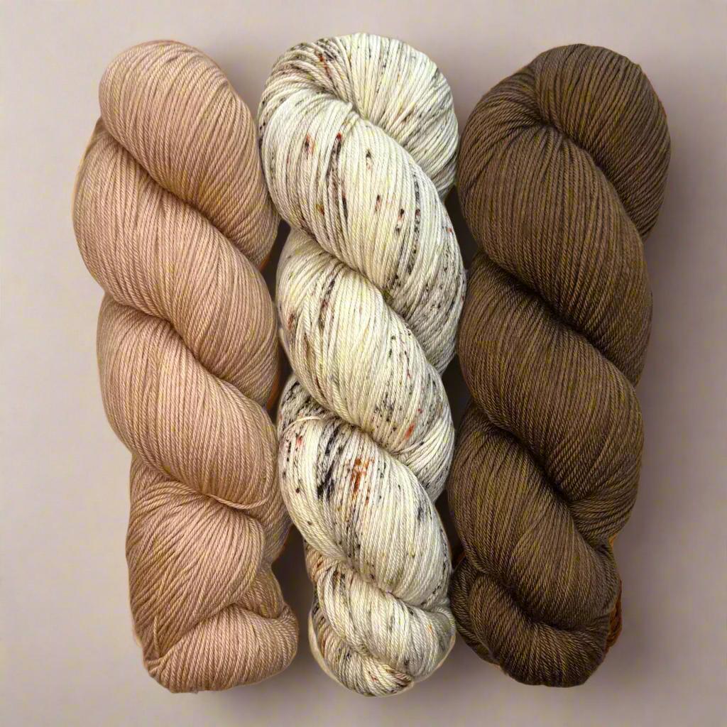 Hiss & Vinegar MKAL (by Casapinka) #2501 Trio: Rose Gold, Morel, & Walnut in Aussie Extra Fine Fingering