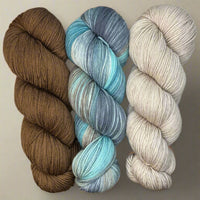 Hiss & Vinegar MKAL (by Casapinka) Trio: Walnut, Sail Away, Cashmere Pearl in Aussie Extra Fine Fingering