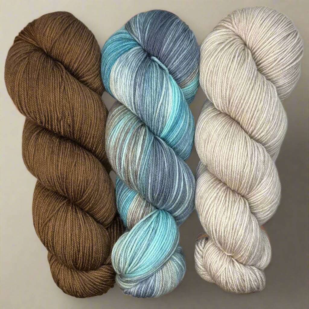 Hiss & Vinegar MKAL (by Casapinka) Trio: Walnut, Sail Away, Cashmere Pearl in Aussie Extra Fine Fingering