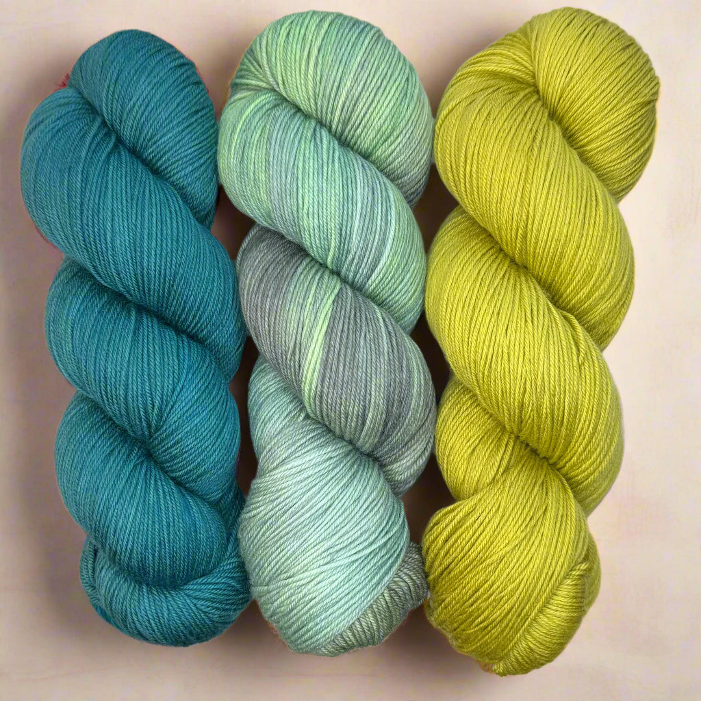 Hiss & Vinegar MKAL (by Casapinka) Trio: Aegean, Stormy Seas, William's Pear in Aussie Extra Fine Fingering
