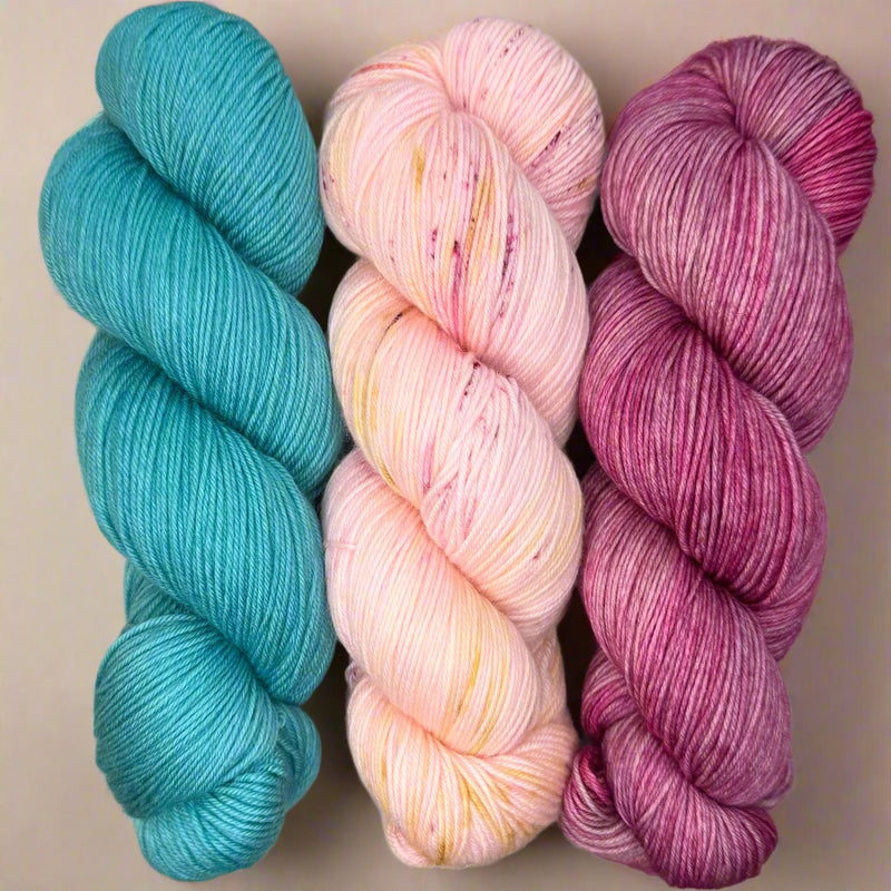 Hiss & Vinegar MKAL (by Casapinka) Trio: Teal Zeal, Peony, Crushed Berry in Aussie Extra Fine Fingering