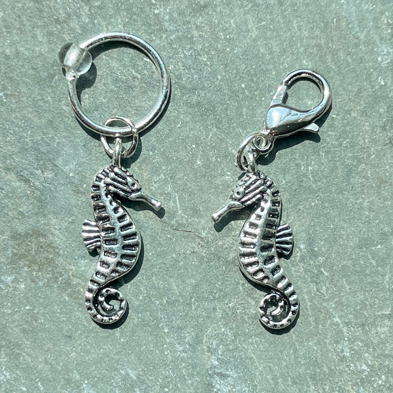 Pair of Silver Seahorses, One Stitch Marker One Progress Keeper