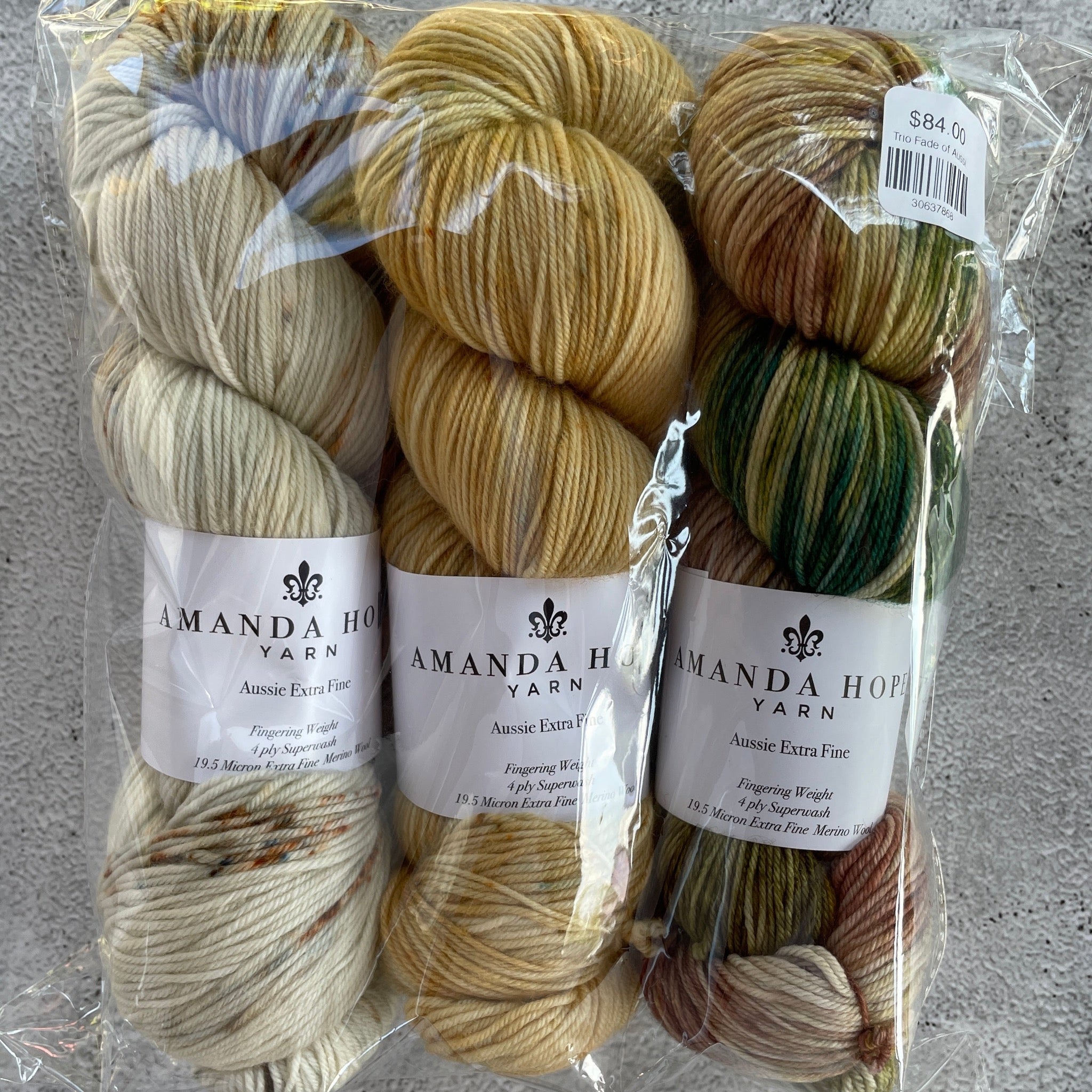Trio Fade of Aussie Extra Fine Fingering in Papyrus, Arles & Sierra Vista