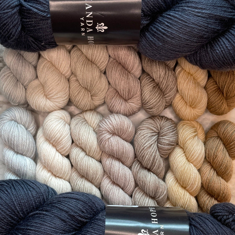 🍁Secret Forest MKAL🍁 - Nature's Neutrals Mini Set 🍁 2 Full Skeins of Dark Skies + 7 Neutral minis (14 minis, 2 of each color) both in Aussie Extra Fine Sock with Nylon  🍁 + 1 Fall Themed Stitch Marker ⚜️Pattern NOT included ⚜️