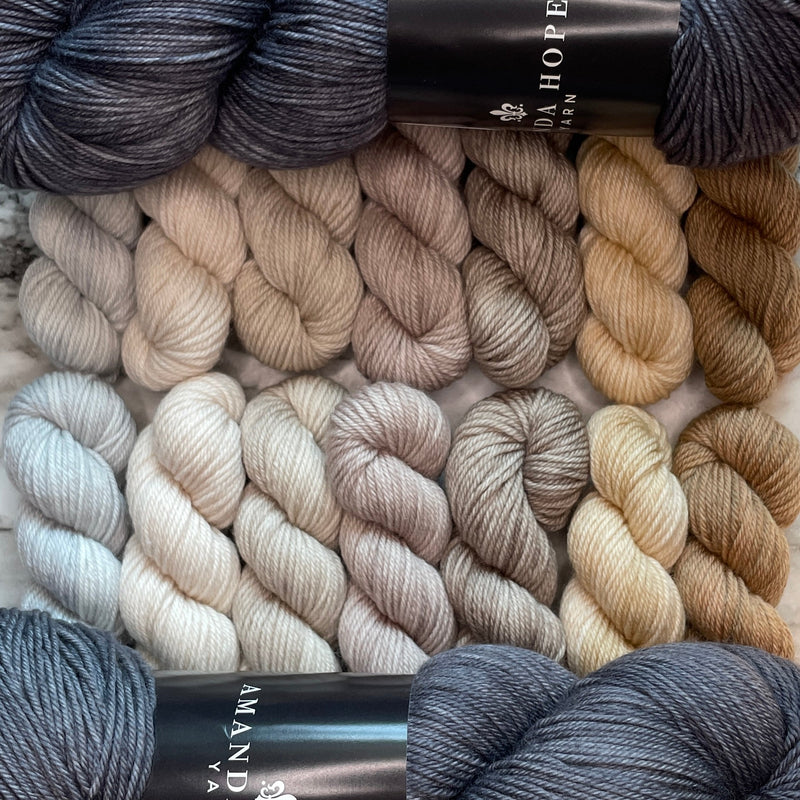🍁Secret Forest MKAL🍁 - Nature's Neutrals Mini Set 🍁 2 Full Skeins of Gunmetal + 7 Neutral minis (14 minis, 2 of each color) both in Aussie Extra Fine Sock with Nylon  🍁 + 1 Fall Themed Stitch Marker ⚜️Pattern NOT included ⚜️