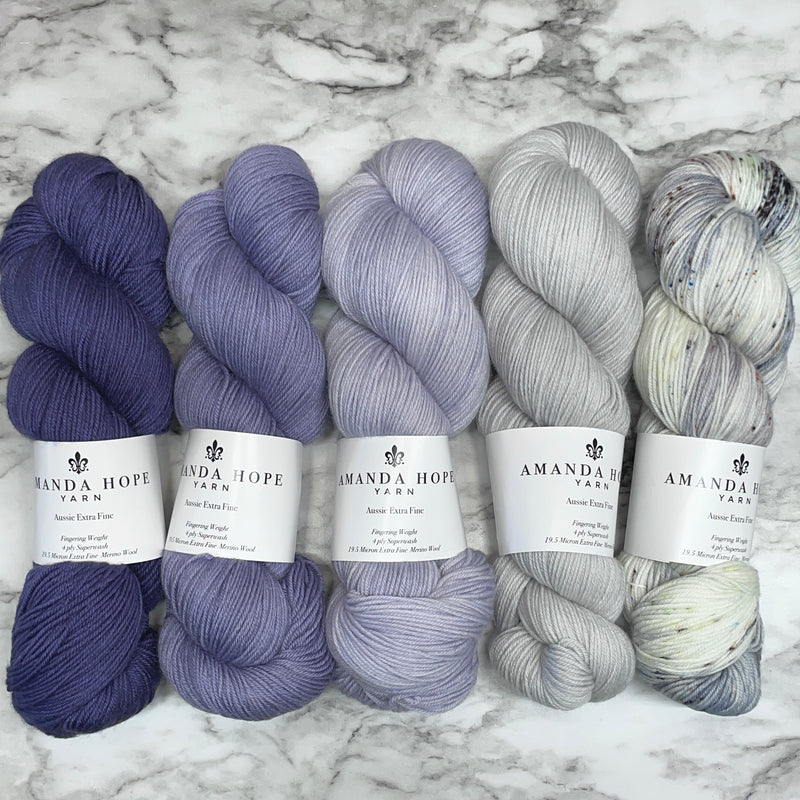 Lavender & Clouds Gradient, Quintet in Aussie Extra Fine Fingering + 1 Wintery Stitch Marker