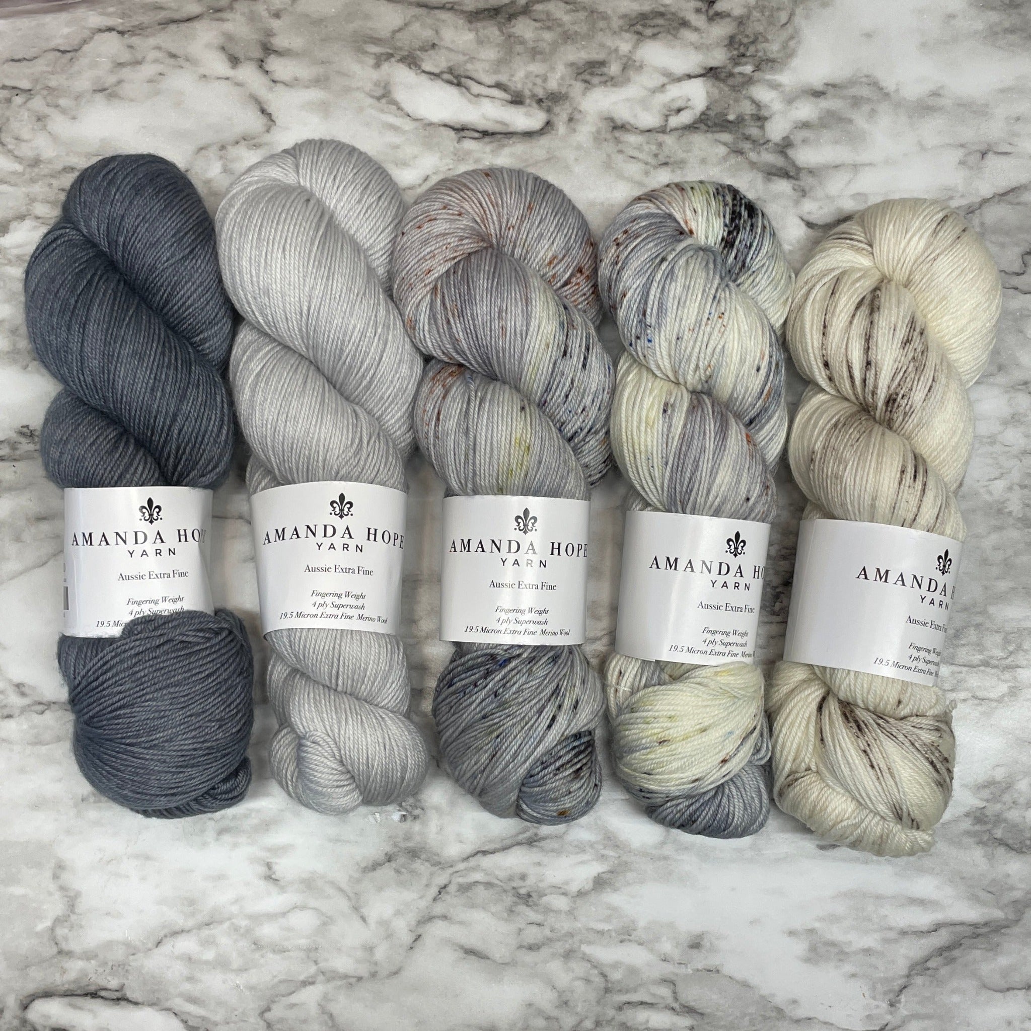 Light House Fog Gradient, Quintet in Aussie Extra Fine Fingering + 1 Wintery Stitch Marker