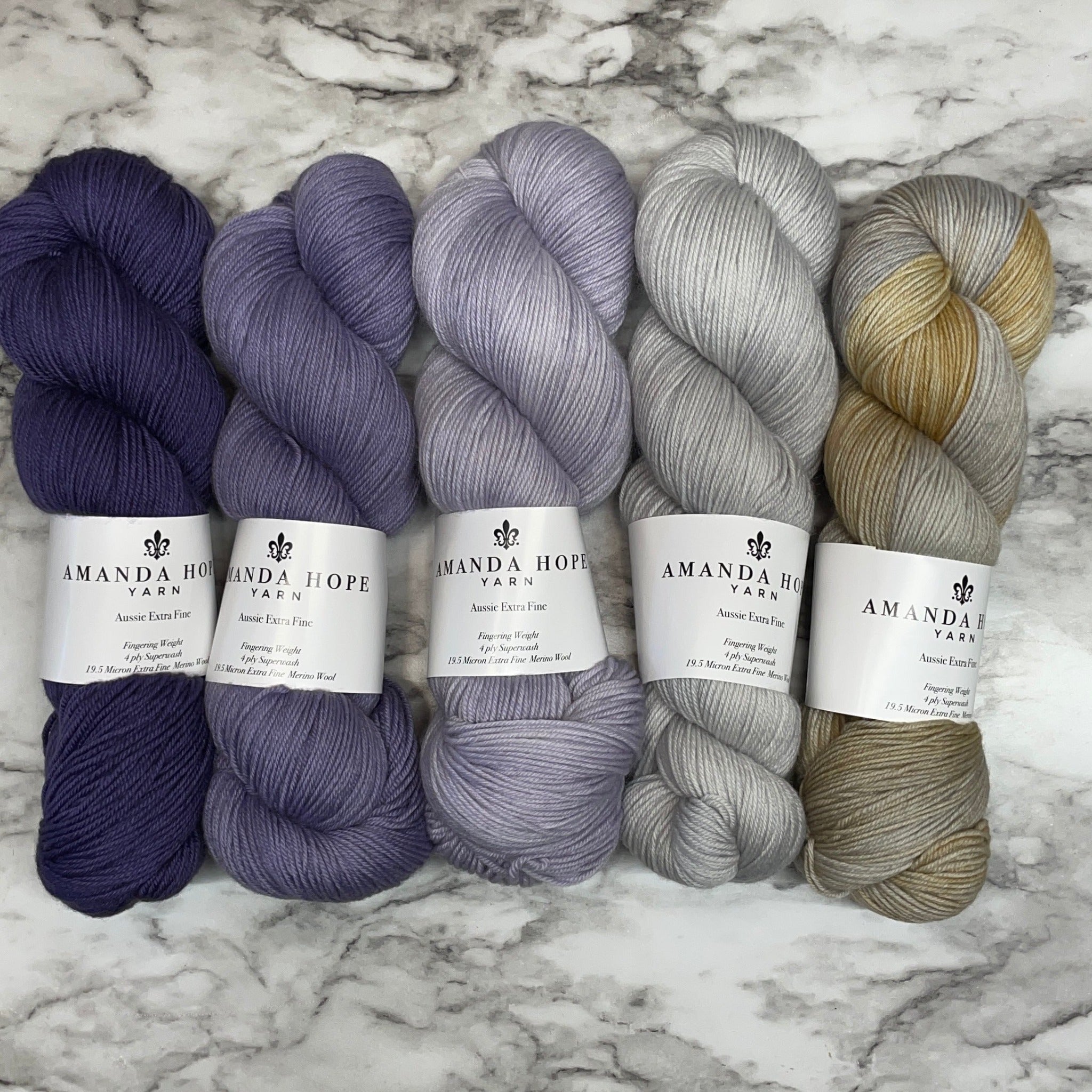 Lavender & Gold Gradient, Quintet in Aussie Extra Fine Fingering + 1 Wintery Stitch Marker