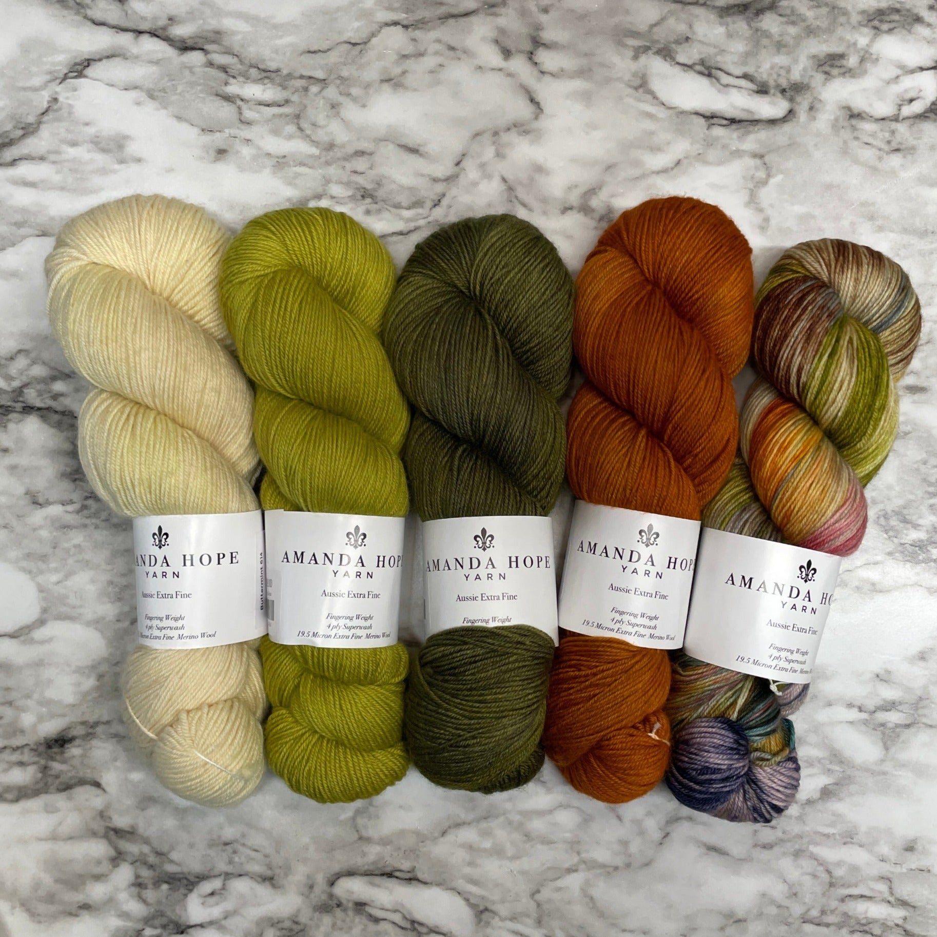 Tin Roof Rusted Gradient, Quintet in Aussie Extra Fine Fingering + 1 Wintery Stitch Marker