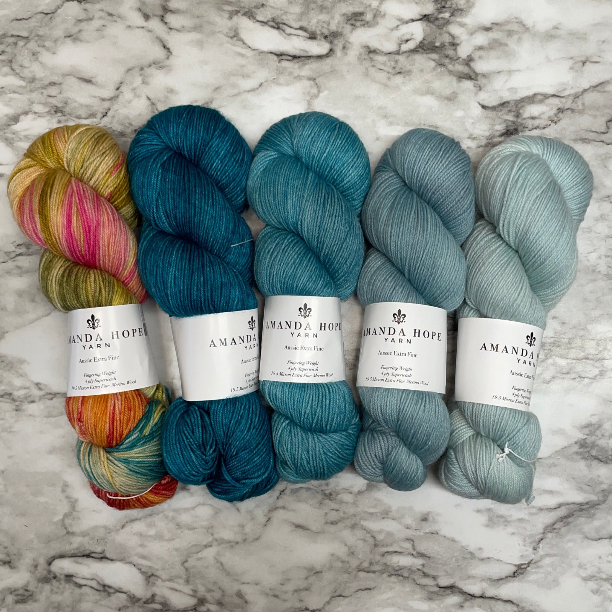 Moulin Rouge Gradient, Quintet in Aussie Extra Fine Fingering + 1 Wintery Stitch Marker