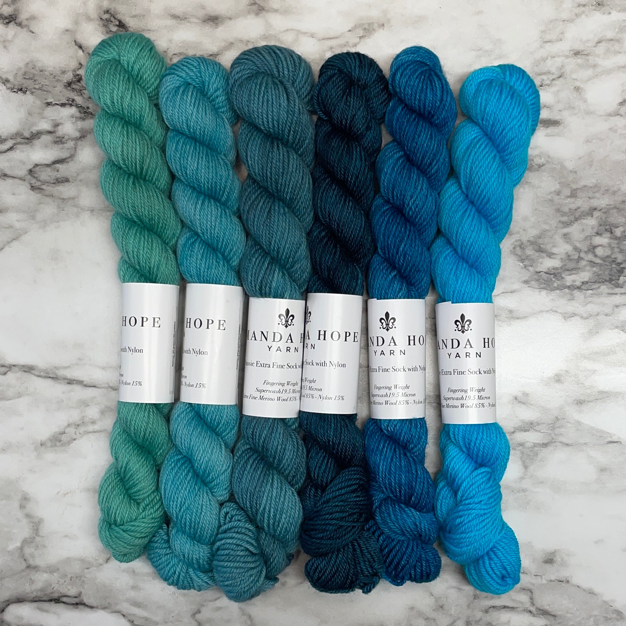 Teals & Blues 6 Gradient Minis, (six 20 gram skeins) Aussie Extra Fine Sock with Nylon
