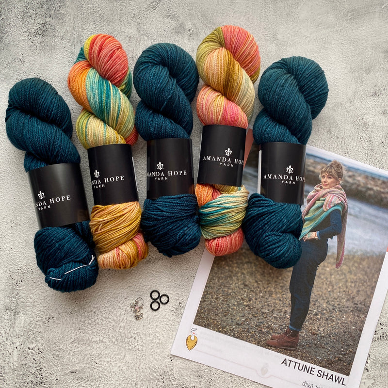 Attune Yarn Bundle, DK (MC) and Sport (CC), FREE US SHIPPING!  3 skeins Aussie Extra Fine DK with Nylon and 2 skeins Sport, The Tealiest (3 DK) and Moulin Rouge (2 Sport)