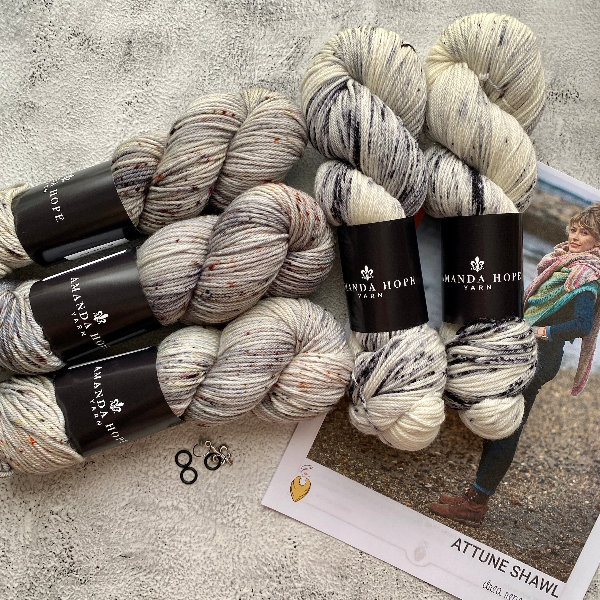 Attune Yarn Bundle, Neutral!, DK (MC) and Sport (CC), FREE US SHIPPING!  3 skeins Aussie Extra Fine DK with Nylon and 2 skeins Sport, London Fog (DK) + Newsprint (Sport)