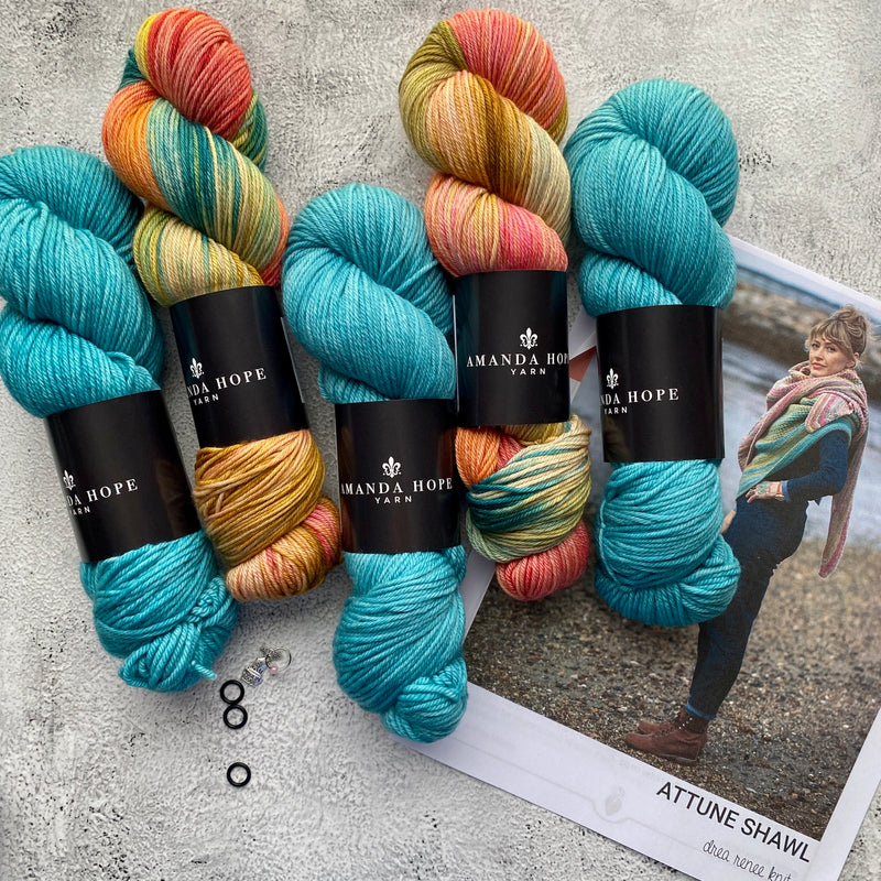 Attune Yarn Bundle, DK (MC) and Sport (CC), FREE US SHIPPING!  3 skeins Aussie Extra Fine DK with Nylon and 2 skeins Sport, Teal Zeal (3 DK) and Moulin Rouge (2 Sport)
