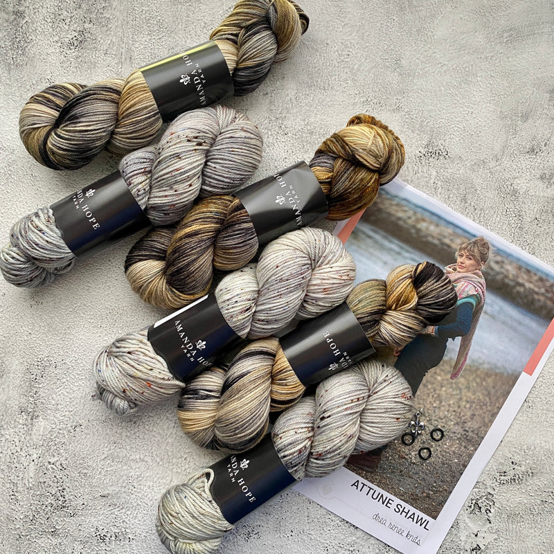 Attune Yarn Bundle, DK (MC) and Sport (CC), FREE US SHIPPING!  3 skeins Aussie Extra Fine DK with Nylon and 2 skeins Sport, London Fog (DK) and A Lion Among the Sheep (Sport)