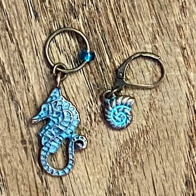 Sea Horse and Shell (Verdigris Colored), One Stitch Marker One Progress Keeper