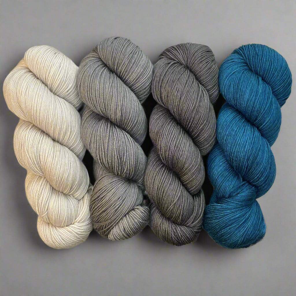 Only Yarn In the Building MKAL by Lyrical Knits (Oyster, Warm Slate, Basalt, Peacock) on Aussie Extra Fine Fingering + 1 Killer Stitch Marker! *Pattern NOT Included*