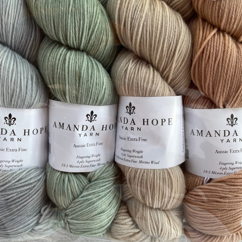 Quartet of Aussie Extra Fine Fingering in Aleutian, Herbes de Provence, Cashmere Pearl and Rose Gold
