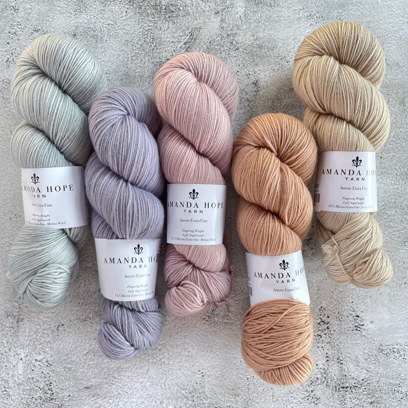 Quintet of Aussie Extra Fine Fingering in Aleutian, French Lavender, Musk Mallow, Rose Gold and Cashmere Pearl