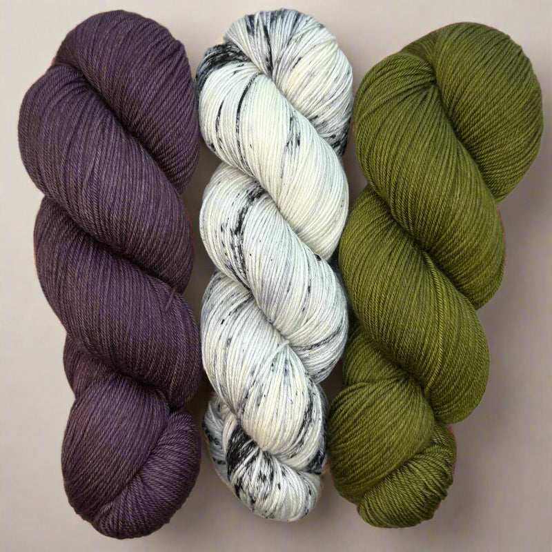 Trio: Eggplant, Newsprint, Bottle Green