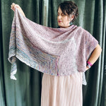 Aeris Aura Shawl (Yarn only, Please purchase pattern from designer Lesley Anne Robinson on her website or Ravelry), 4 Skeins of Merino Linen Single Ply Fingering: Mauvelous, The Language of Flowers, Boutique + Seaside & enamel Sugar Skull stitch marker