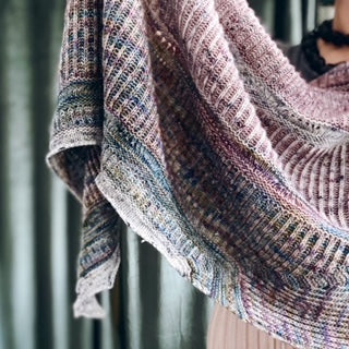Aeris Aura Shawl (Yarn only, Please purchase pattern from designer Lesley Anne Robinson on her website or Ravelry), 4 Skeins of Merino Linen Single Ply Fingering: Mauvelous, The Language of Flowers, Boutique + Seaside & enamel Sugar Skull stitch marker