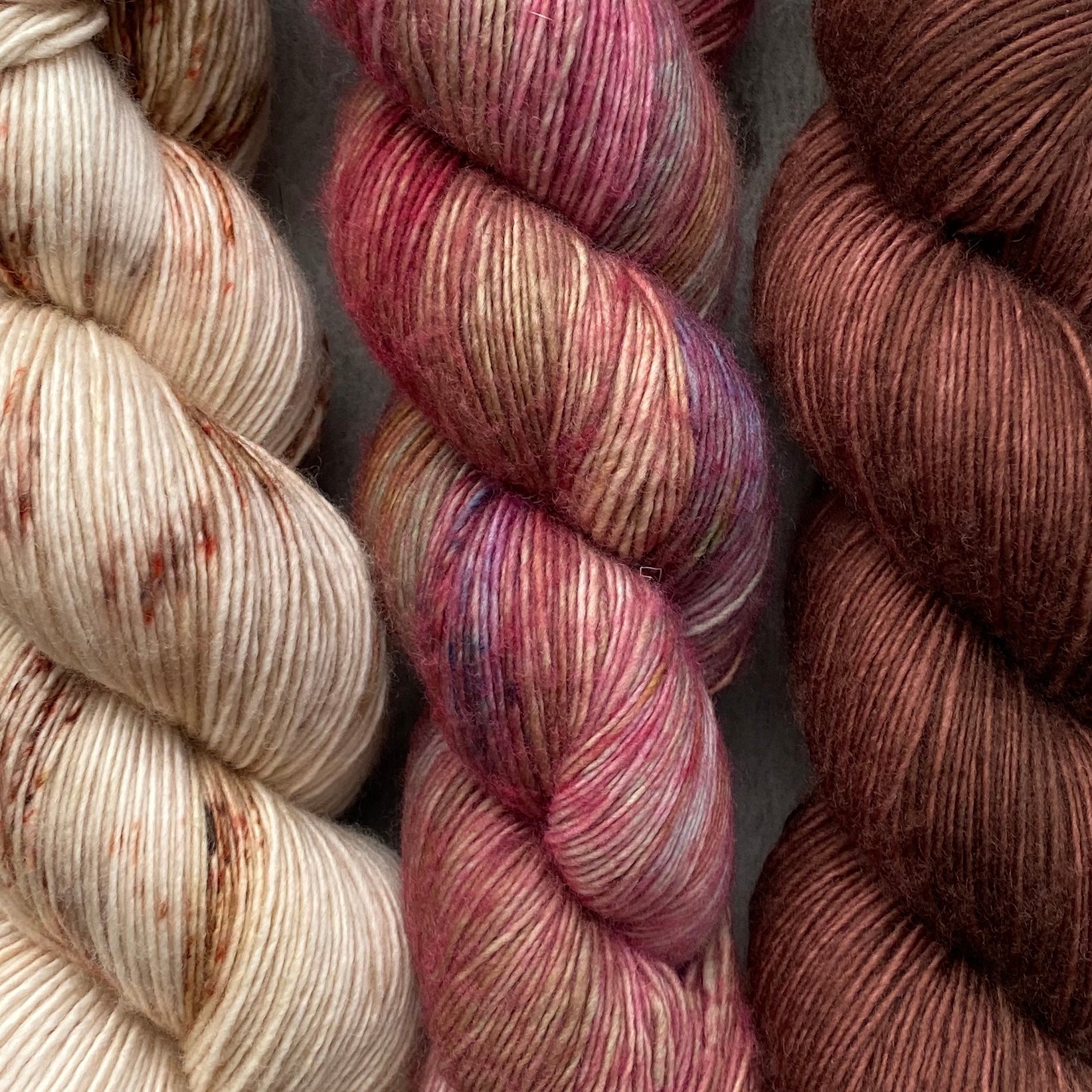 ⚜️Current Mood⚜️ by Lesley Ann Robinson,  Knit Graffiti Designs ⚜️ Original Yarn & Colors ⚜️Trio of Aussie Extra Fine Single in Sika, Sugar Plum Fairy, and Milk Chocolate