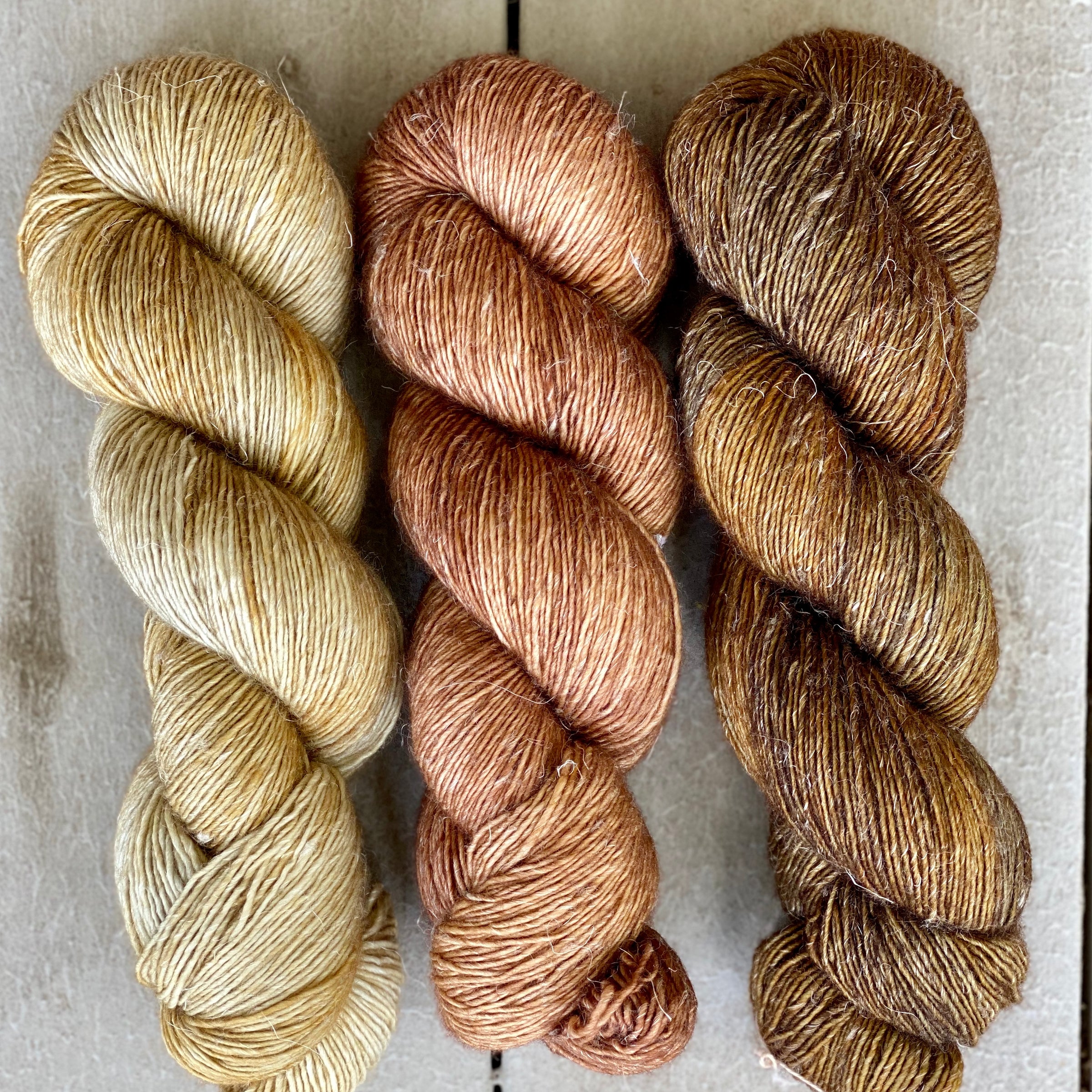 Trio of Merino Linen (fingering weight), Wheat, Baby Bella & Oil Rubbed Bronze