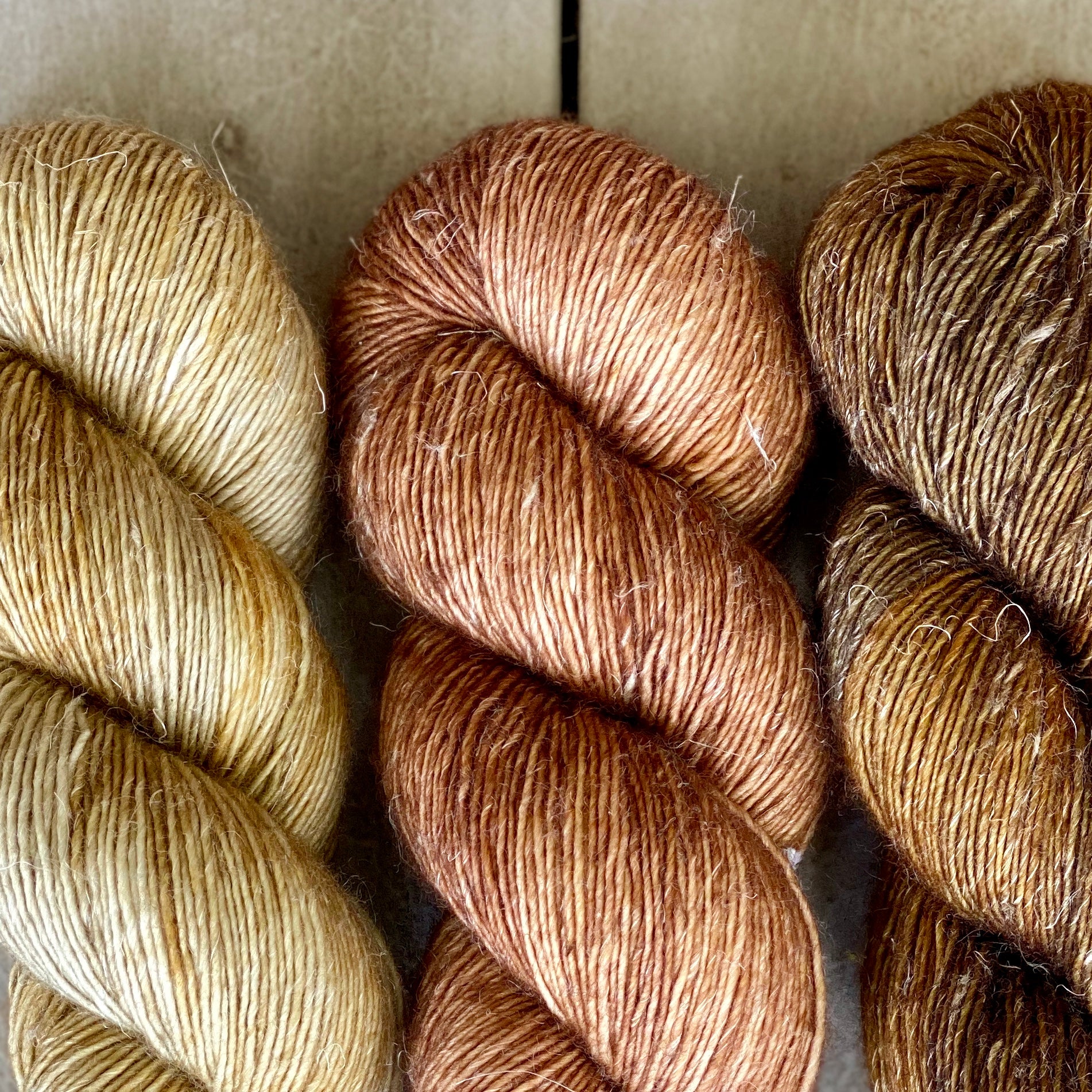 Trio of Merino Linen (fingering weight), Wheat, Baby Bella & Oil Rubbed Bronze