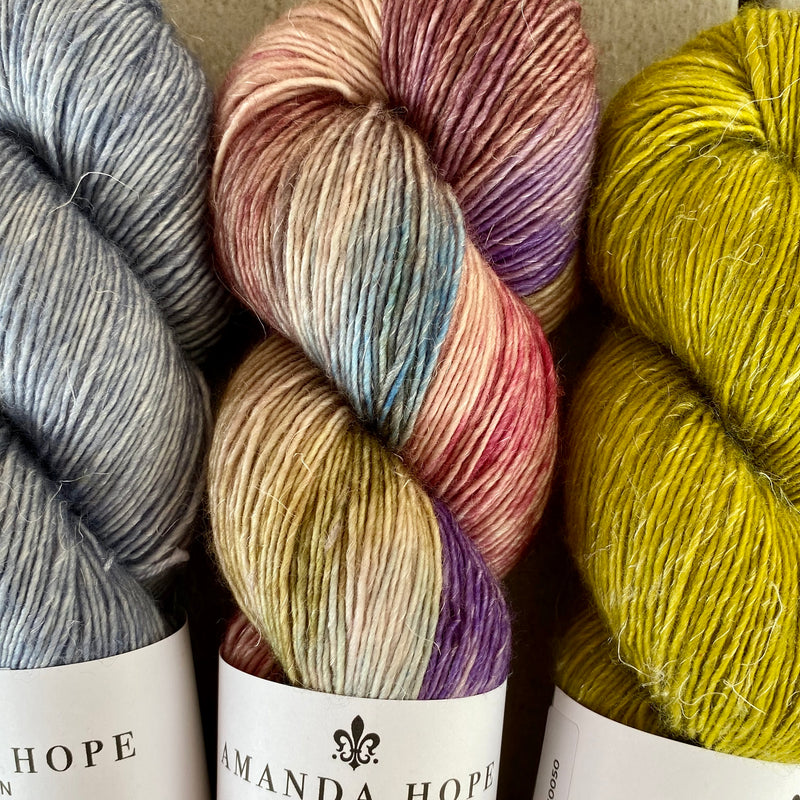Trio of Merino Linen (fingering weight), Blue Heather, The Language of Flowers & William's Pear