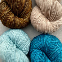 Quartet of Aussie Extra Fine Fingering Or Aussie Extra Fine Sock with Nylon  in Cashmere Pearl, Gossamer Teal, Aegean & Oil Rubbed Bronze