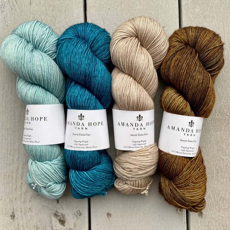Quartet of Aussie Extra Fine Fingering Or Aussie Extra Fine Sock with Nylon  in Cashmere Pearl, Gossamer Teal, Aegean & Oil Rubbed Bronze