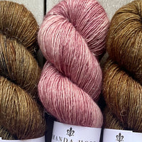 Misurina or Trelawny Top (Both are Crop Tees) in Oil Rubbed Bronze & Mauvelous, Merino Linen (fingering weight)