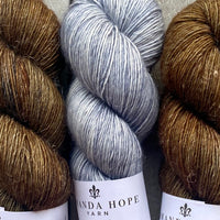 Misurina or Trelawny Top (Both are Crop Tees) Yarn in Oil Rubbed Bronze & Blue Heather , Merino Linen (fingering weight)